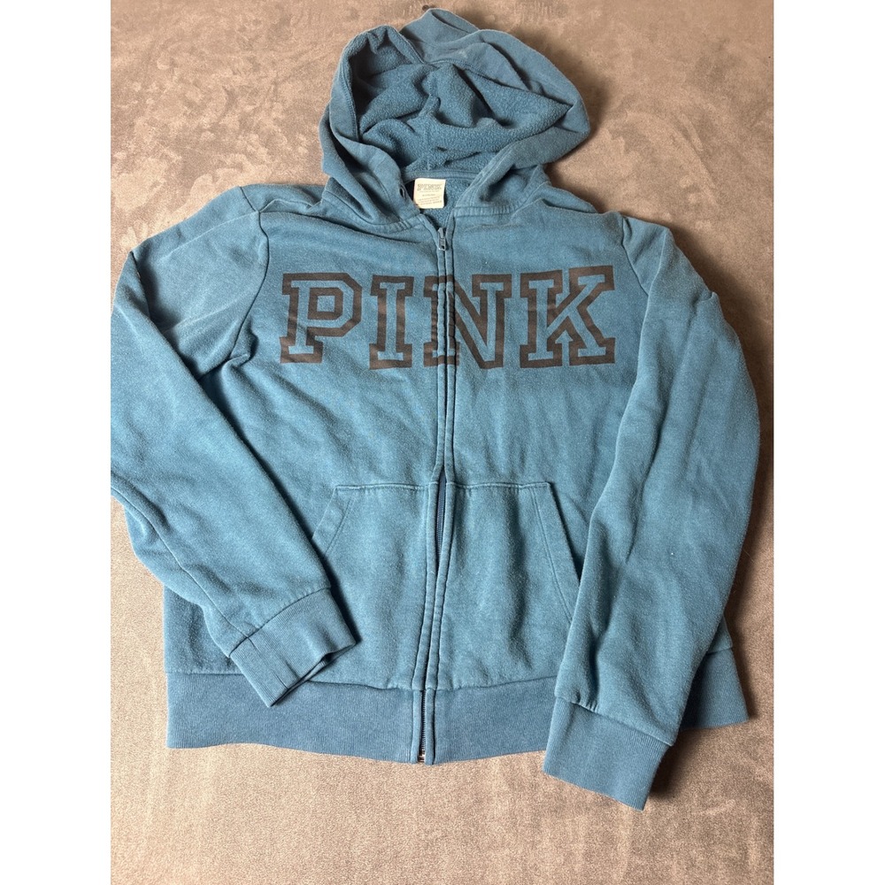 Victoria's Secret PINK Teal Blue Full Zip Hoodie Logo Sweatshirt Women's Medium